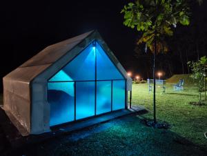a igloo house with blue lights in the grass at CloudHill Retreat in Ariankāvu