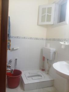 a white bathroom with a toilet and a sink at Ibrahim lodge restaurant in Astor