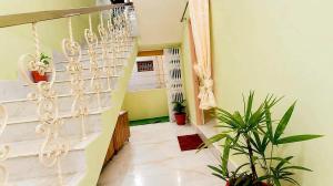 a hallway with a staircase with potted plants at R S Homestay in Deoghar
