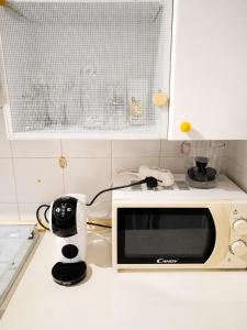 a microwave sitting on a kitchen counter with a joystick at La Dolce vista, Lecco apartment with lake view in Malgrate