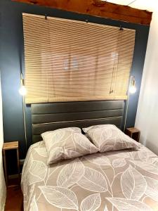 a bedroom with a bed with two pillows and a window at Suite Église in Veynes