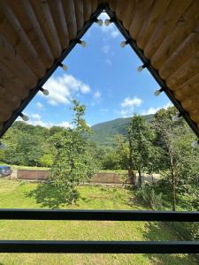 a view from a window of a yard at Kaniore Cottage in Martvili +4 photos