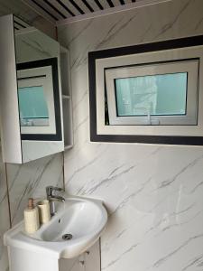 a bathroom with a sink and a window at Barrel de Verreblik in Pieterburen