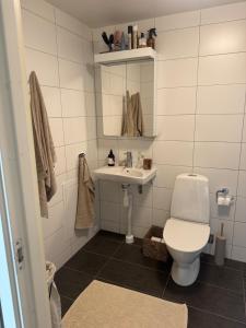 a bathroom with a toilet and a sink at Modern apartment with large balcony in Halmstad
