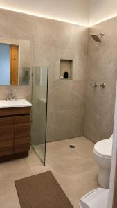 a bathroom with a shower and a toilet and a sink at Suite privada con alberca - Cama Queen in El Centenario +18 photos