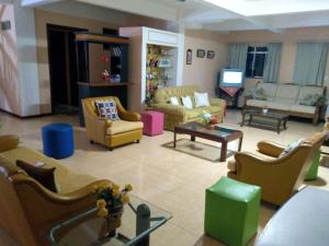 a living room with couches and chairs and a tv at Pousada Narcizo in São Lourenço