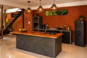 a kitchen with a counter and a refrigerator at Casa La Rayanna in Palomino