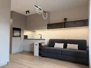 a living room with a couch and a kitchen at MOOD Apartment Piešťany Centrum, parking, terasa in Piešťany +6 photos