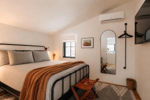 a bedroom with a bed and a mirror at Onyx Ridge Breathtaking Views 14 Acres in Jeffersonville