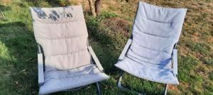two chairs sitting next to each other in the grass at Une roulotte dans les vignes Ancenis in Vallons-de-l'Erdre