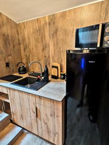 a kitchen with a sink and a black refrigerator at Podziemne Arkady-nocleg centrum blisko dworca in Gniezno