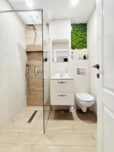 a bathroom with a toilet and a shower at Verso Studio in Curtea de Argeş +28 photos