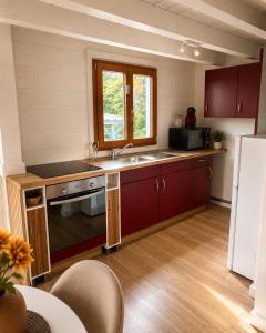 a kitchen with red cabinets and a sink at Au P'ti Chalet in Souvans
