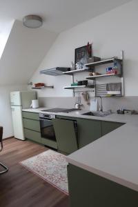 a kitchen with green cabinets and a sink and a refrigerator at Oravelle Loft Kubin in Dolný Kubín