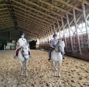 two people riding on horses in a barn at Voore Korterid in Ohukotsu
