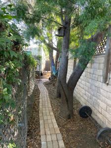 a tree next to a wall and a fence at Cozy & Private Tiny House Style in Hickson