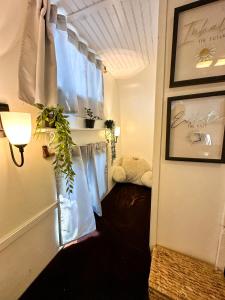 a hallway with a window with a plant and a lamp at Cozy & Private Tiny House Style in Hickson