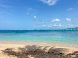 a view of a beach with boats in the water at Bleu Caraïbe in Sainte-Anne