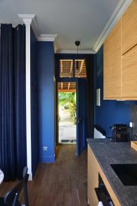 a kitchen with blue walls and a table with chairs at Maison Constant - Le Camélia in Autun +6 photos