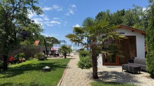 a house with a palm tree in the yard at Atkári Vendégház in Bóly