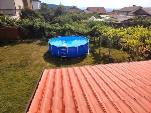 an overhead view of a blue tub in a yard at Къща за гости Азария in Resilovo