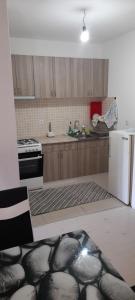 a kitchen with wooden cabinets and a white refrigerator at Apartment LUX in Struga