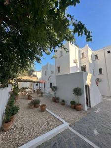 a courtyard of a white building with potted plants at CİELO Otel in Bodrum City