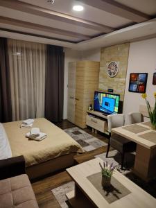 a living room with two beds and a tv at Milmari Kopaonik in Kopaonik