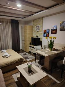 a room with a bed and a table and a desk at Milmari Kopaonik in Kopaonik