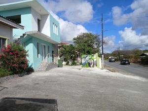 a blue house on the side of a street at Cayenas Apartament in Willemstad