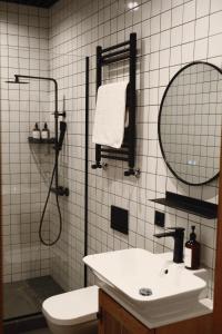 a bathroom with a sink and a toilet and a mirror at Racha Roots Boutique House in Ambrolauri