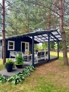 a blue tiny house with a porch and benches at Mystica Forest in Braziūkai
