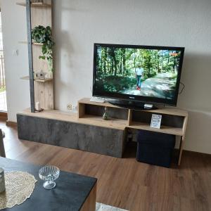 a flat screen tv sitting on a wooden stand in a living room at Apartman Montis in Kupres
