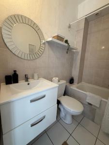 a bathroom with a sink and a toilet and a mirror at Hyper Centre Place Kléber Appart in Strasbourg +31 photos