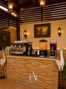 a kitchen with a counter with anulum hotel appliance at Amin Hotel Cairo Downtown in Cairo +9 photos
