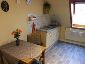 a kitchen with a table and a sink and a table and chairs at Ferienwohnung Büll in Burg auf Fehmarn