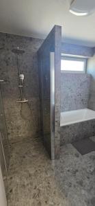 a bathroom with a shower and a bath tub at Apartmán Hrdličky Trenčín in Trenčín