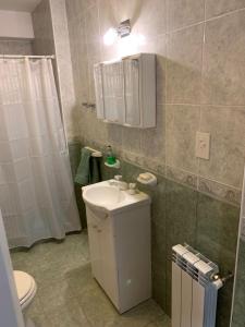 a bathroom with a sink and a shower and a toilet at Alem plaza apart in Comodoro Rivadavia