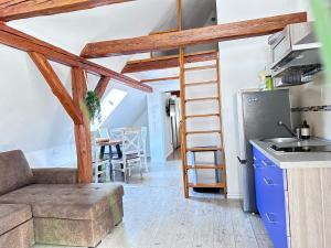 a living room with a couch and a kitchen at Suite House - Magnolia - Oak - Sage in Bayreuth