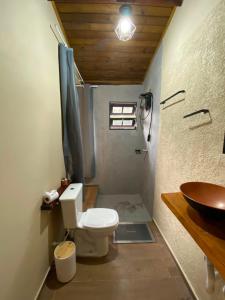 a bathroom with a toilet and a sink at Casa no Centro de São Francisco Xavier in São José dos Campos