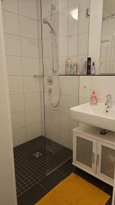 a bathroom with a shower and a sink at Imperial Baths Boutique Studio in Trier +1 photo