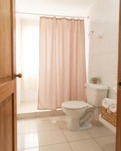 a bathroom with a toilet and a shower curtain at Hostal y piezas individuales in Coihaique