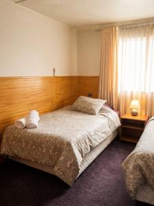 a bedroom with a large bed and a window at Hostal y piezas individuales in Coihaique