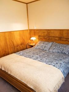 a bedroom with a bed with a wooden headboard at Hostal y piezas individuales in Coihaique