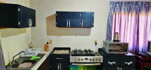 a small kitchen with a stove and a microwave at Casa de Descanso - Camelia in Monte Gordo