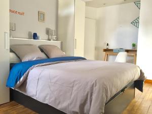 - une chambre avec un lit et une couette bleue et blanche dans l'établissement 1bispoitiers, à Poitiers