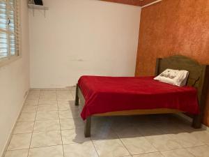 a bedroom with a bed with a red blanket at Casa de temporada Passos MG in Passos