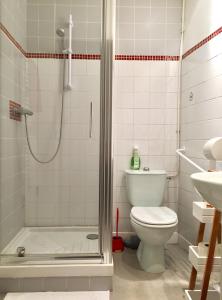 La salle de bains est pourvue d'une douche, de toilettes et d'un lavabo. dans l'établissement 1bispoitiers, à Poitiers