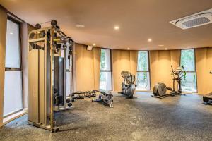 a gym with treadmills and machines in a room at Amazing 1BR Tulum Jungle with Restaurant, Pool and Gym in Tulum