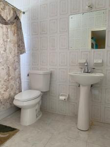 a bathroom with a toilet and a sink at The Cozy Haven Bed and Breakfast in Montego Bay +19 photos